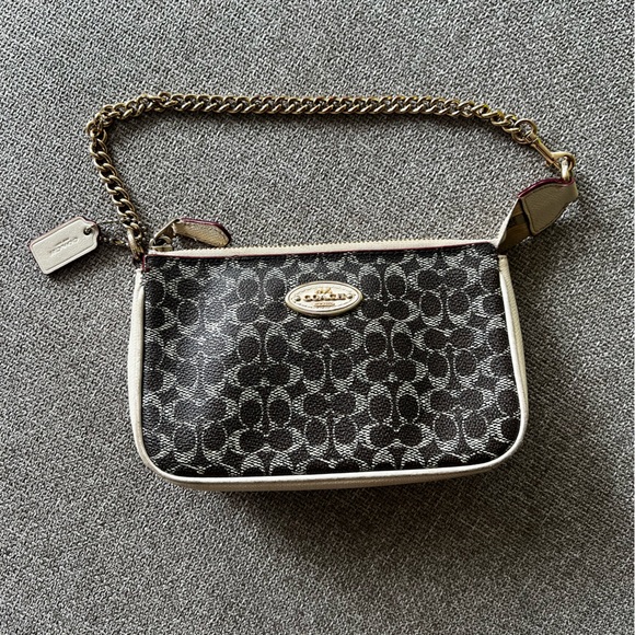 COACH Brown and Cream Leather Wristlet with Gold Chain - Picture 1 of 9